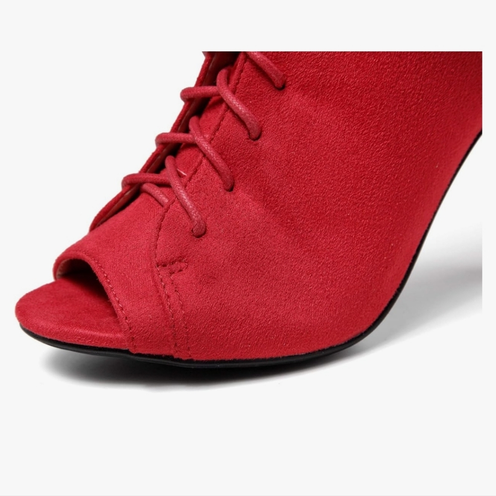 Red Lace-up Open Toe Booties - Picture 3 of 5